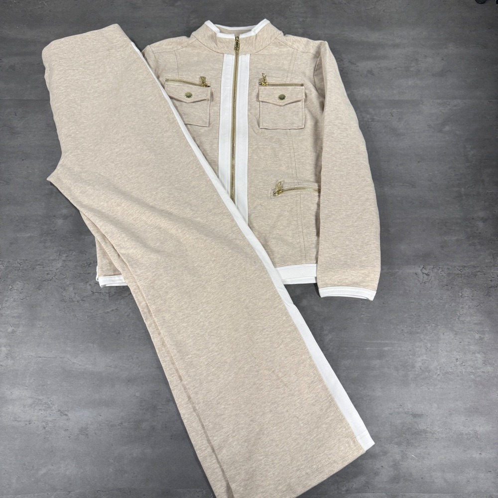 Boston Proper Chic Tracksuit M Beige White Stripe Zip Jacket Pants Coordinate